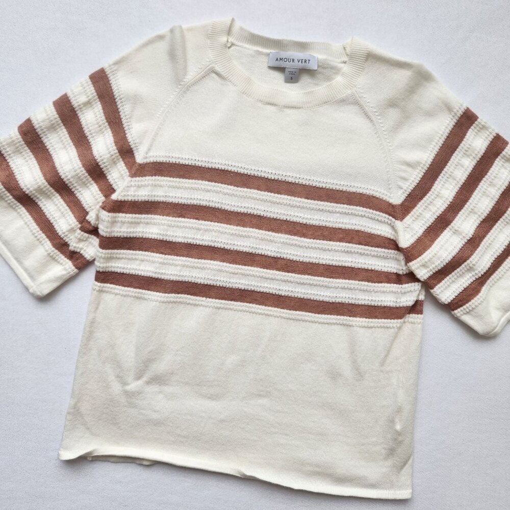 Amour Vert Cream Knit Short Sleeve Tee with Brown Stripes